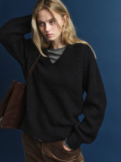 Textured V-neck Knit_black