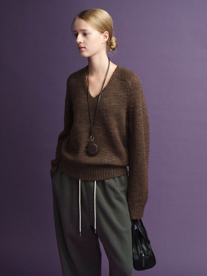 Textured V-neck Knit_brown