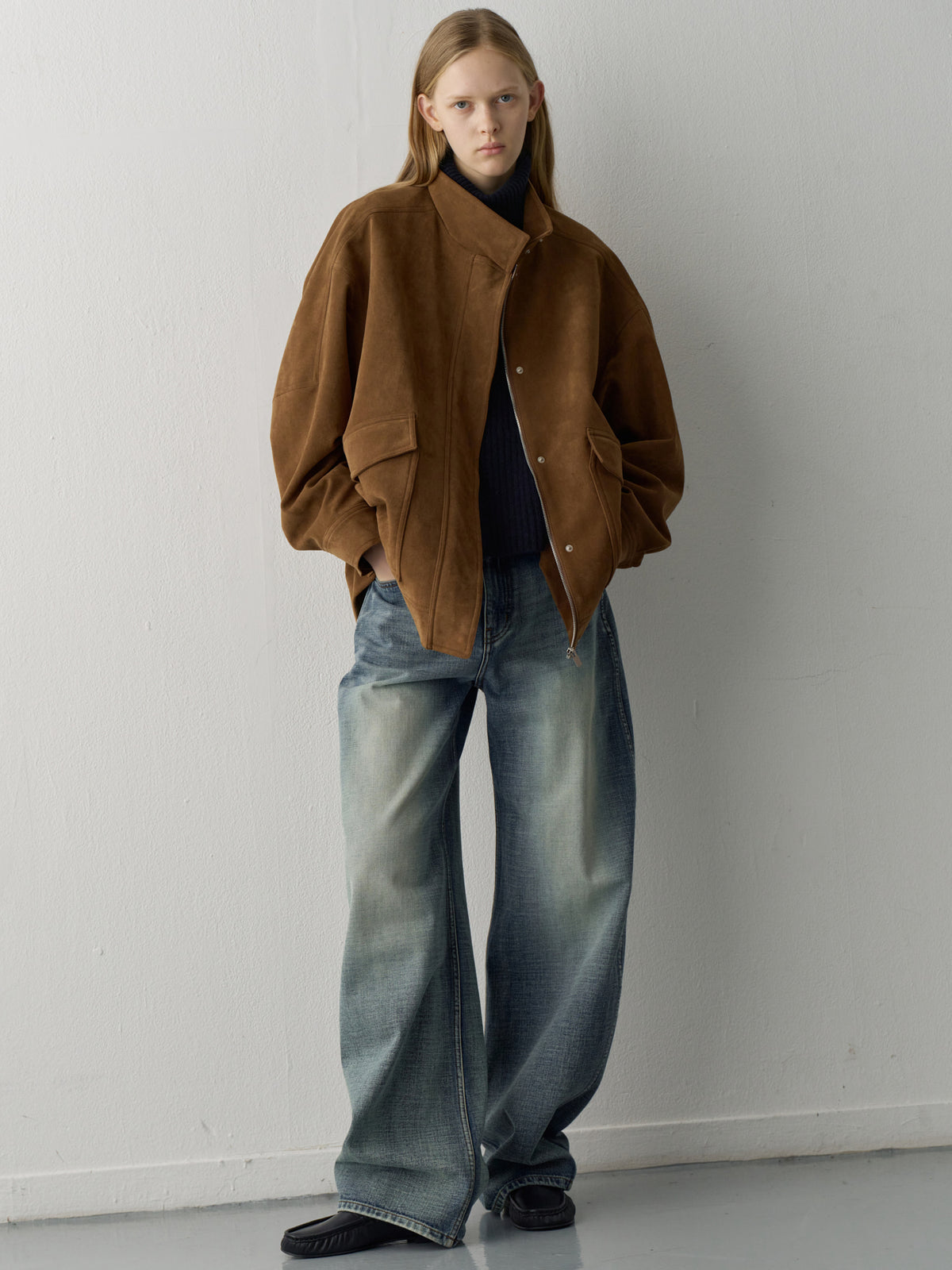 High-neck suede jacket_camel