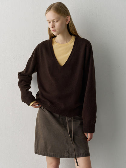 Cashmere Deep V-Neck Knit_dark brown