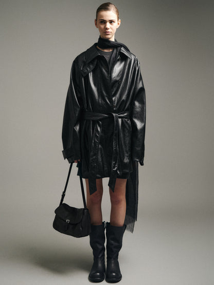 Leather Belted Half Coat_Black
