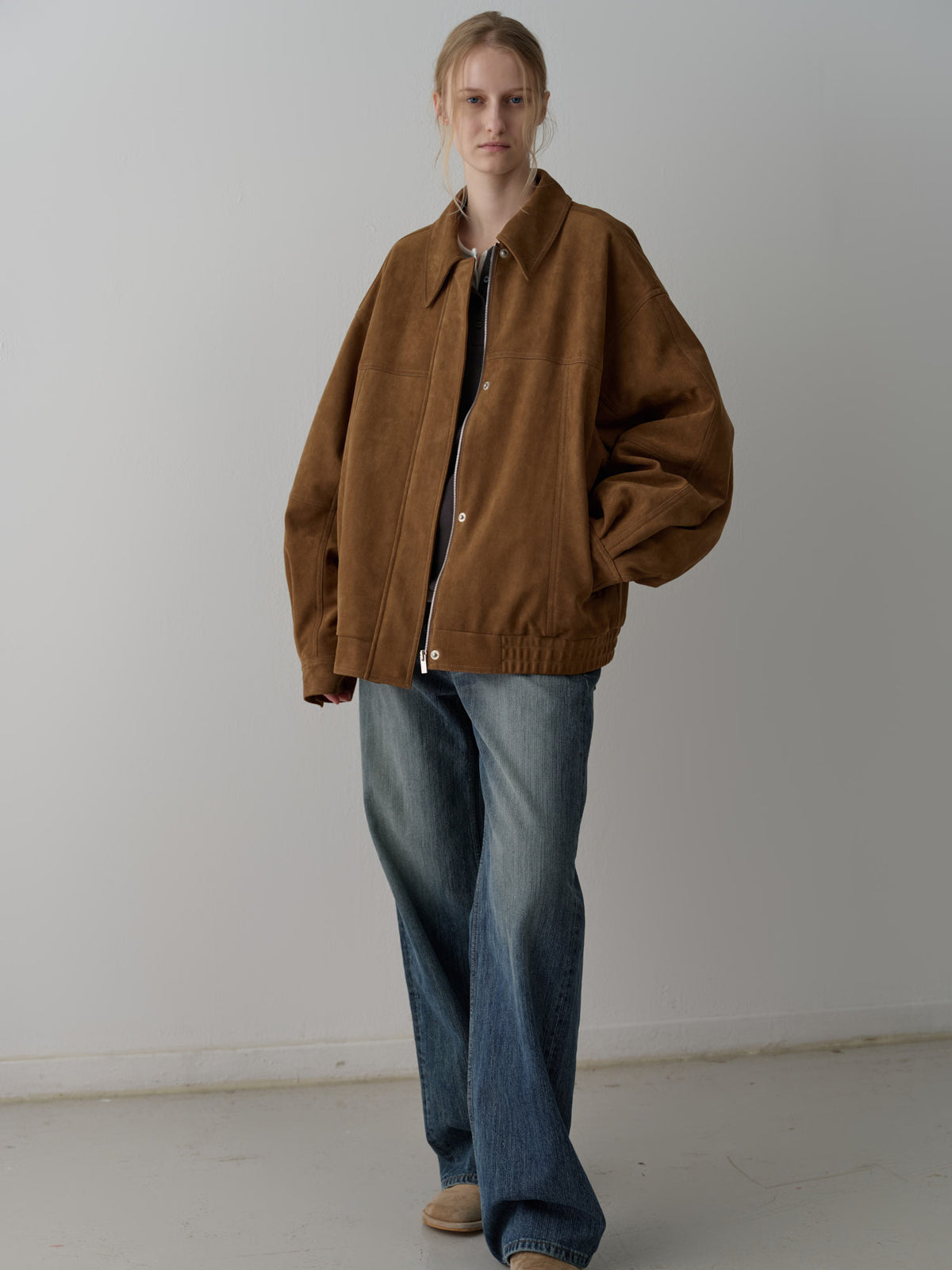 Oversized Fit Stitched Suede Blouson_camel
