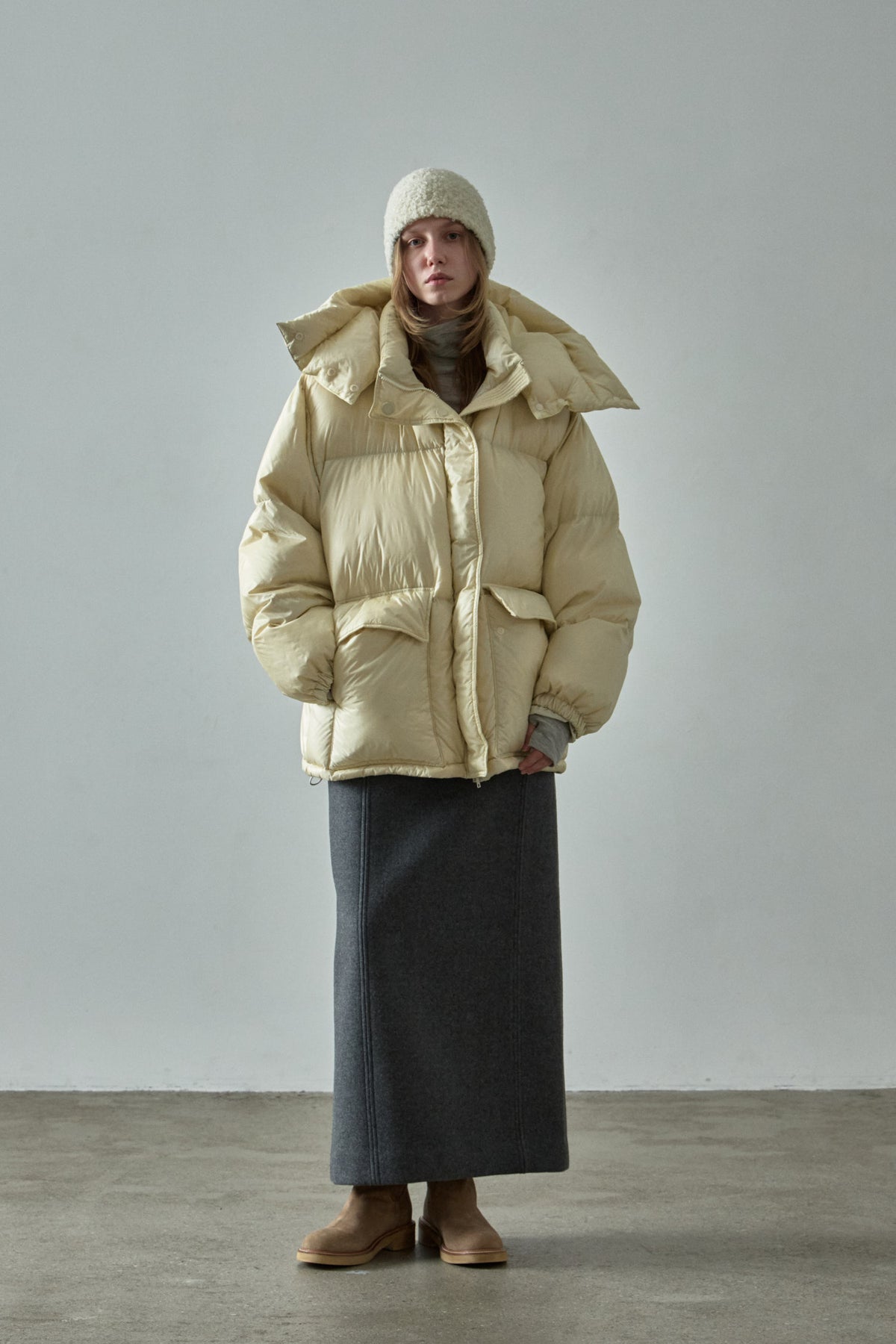 Goose Down Half Padded Coat_butter
