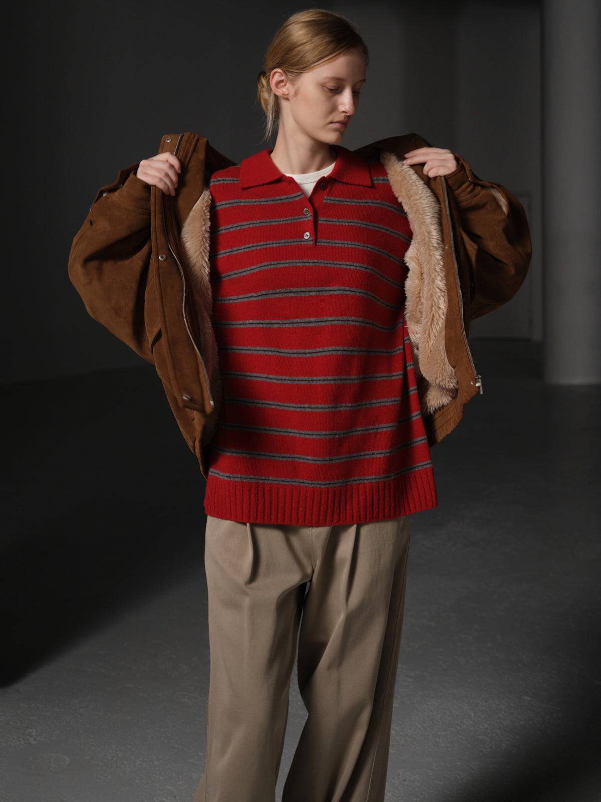 Oversized Fit Suede Shearling Blouson_camel