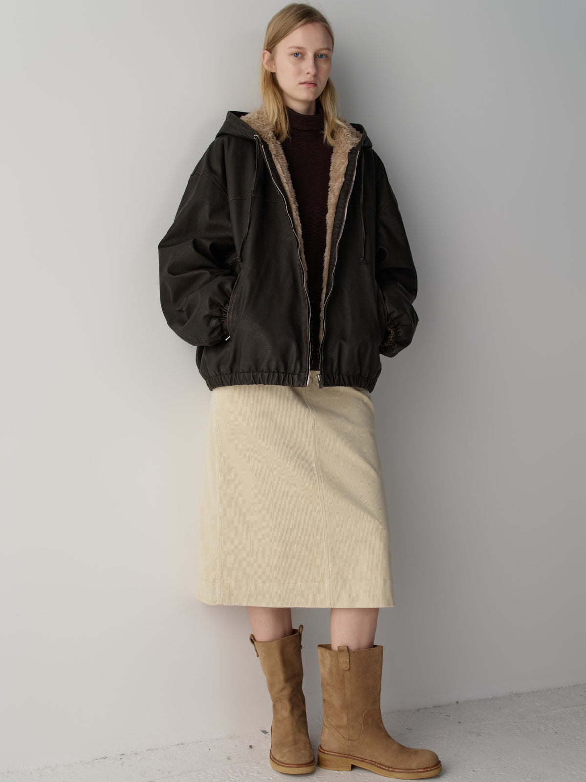 Leather Fur Zip Hoodie_dark brown