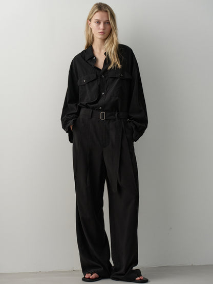 Belted Two-Tuck Wide Pants_black