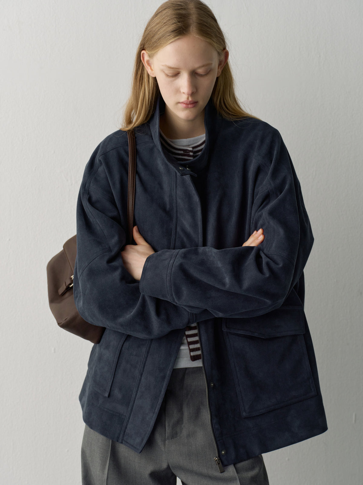 [11/25 Pre-order] High-Neck Suede Jacket_Navy