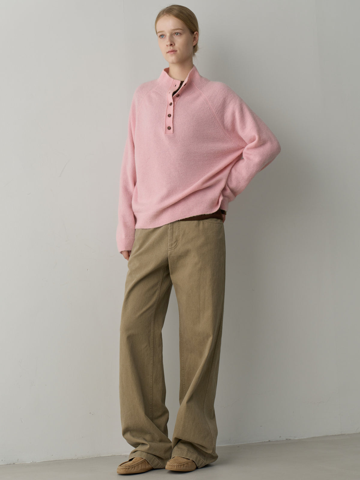 High-neck button knit_pink
