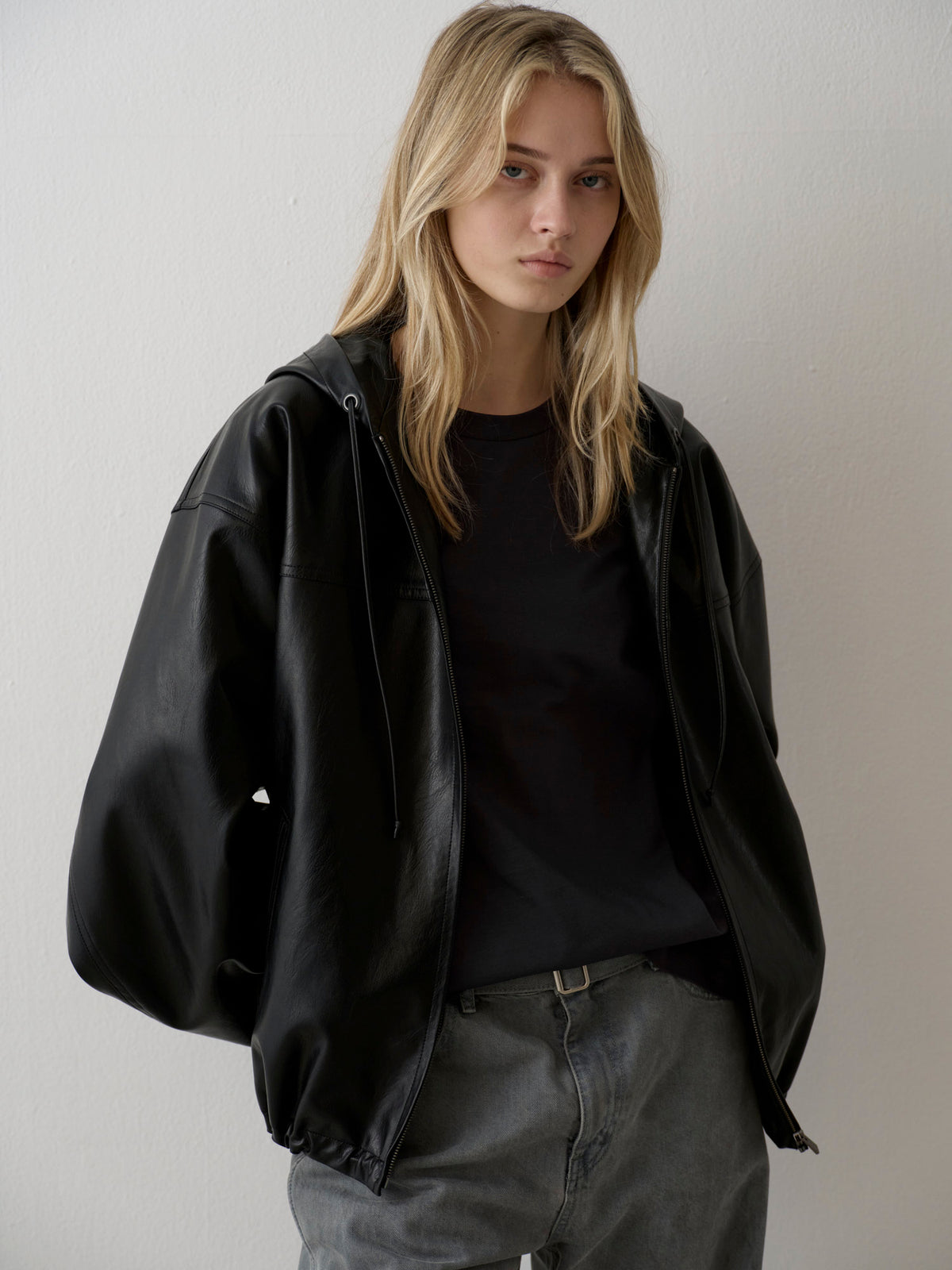 Leather Zip-Up Hoodie_black