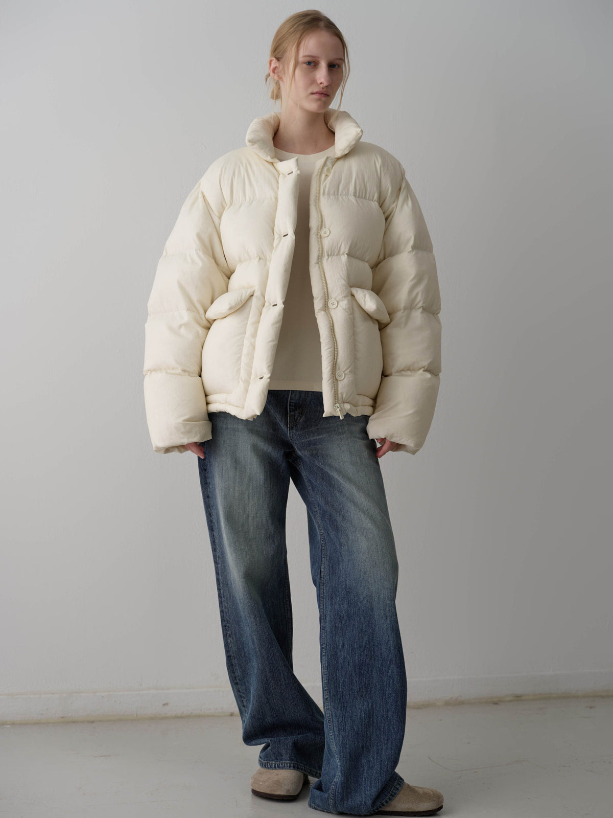 Goose down button puffer_ivory