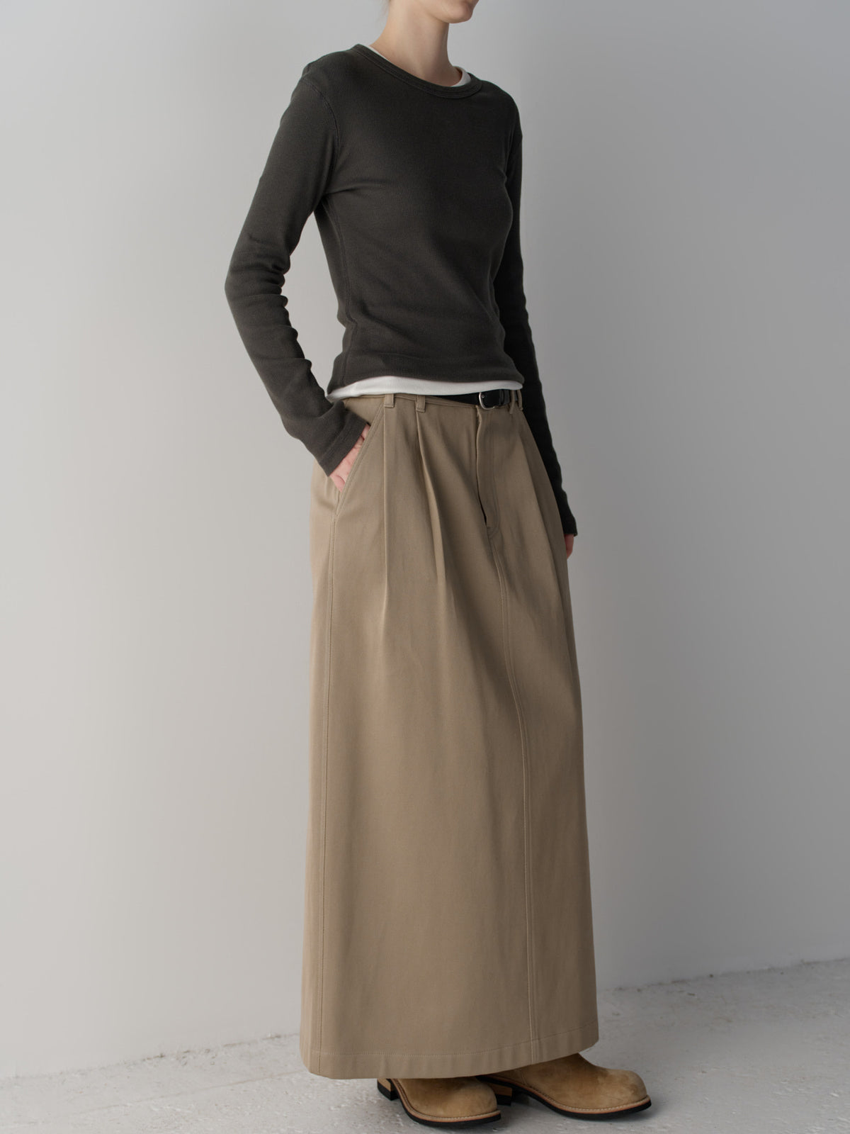 Classic Cotton Two-Tuck Skirt_olive beige