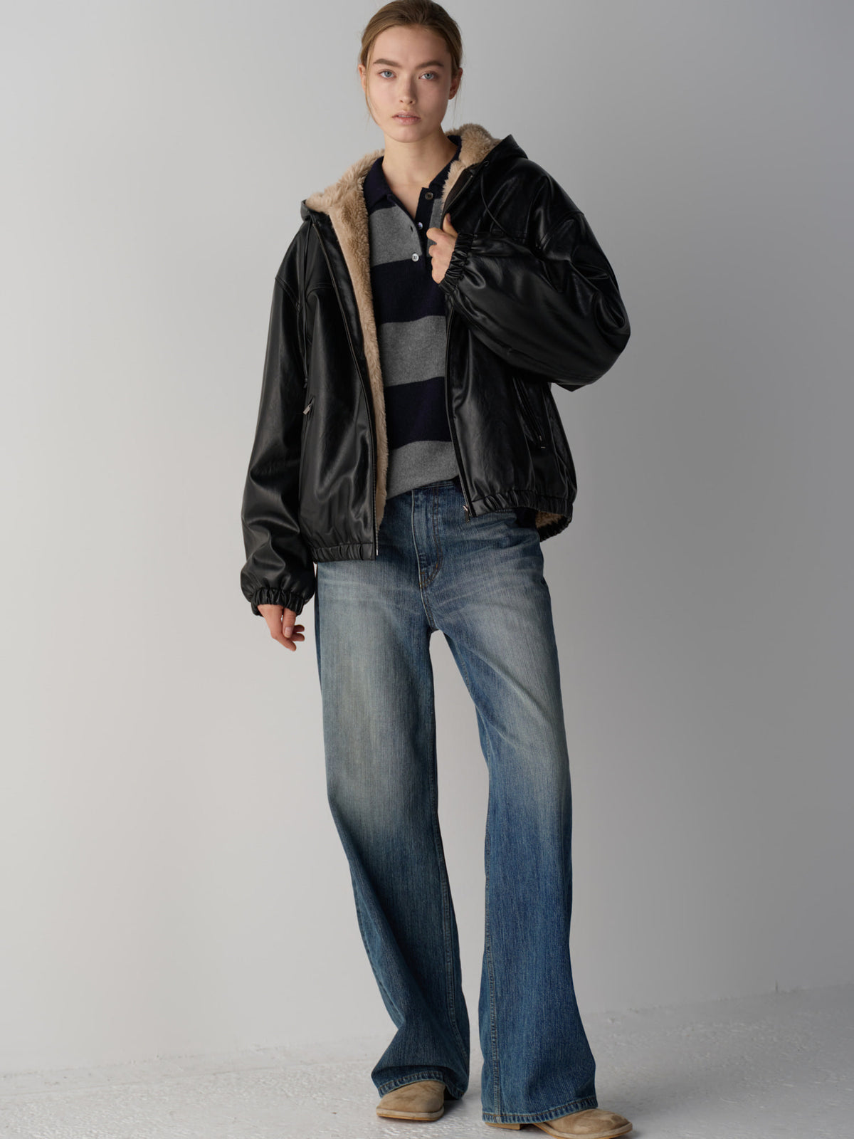 Leather Fur Zip Hoodie_black