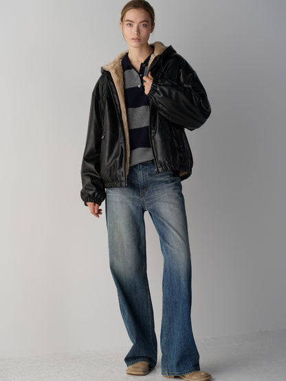 Leather Fur Zip Hoodie_black