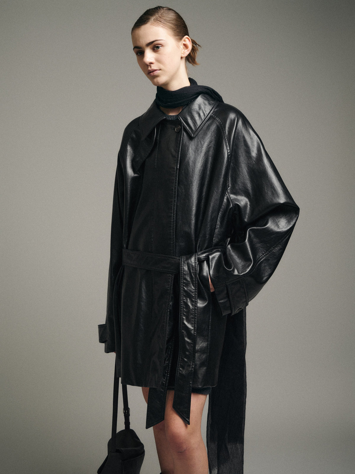 Leather Belted Half Coat_Black