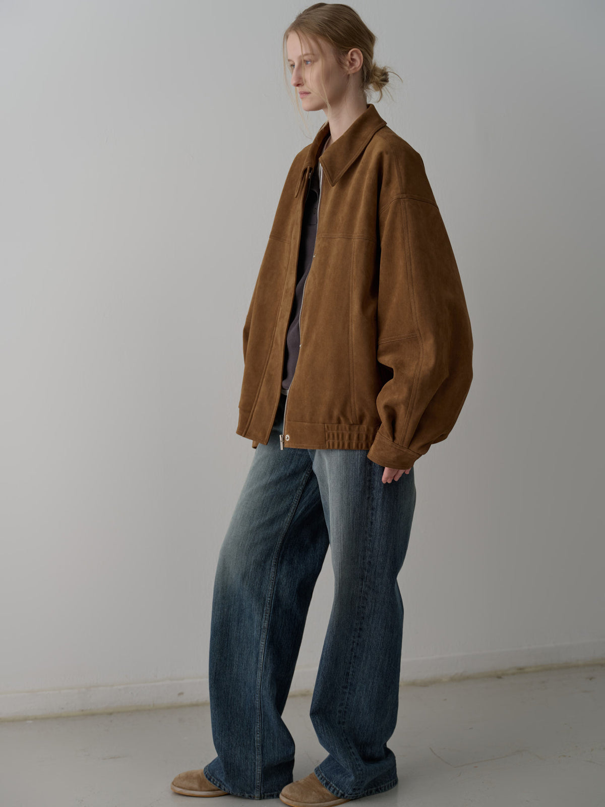 Oversized Fit Stitched Suede Blouson_camel