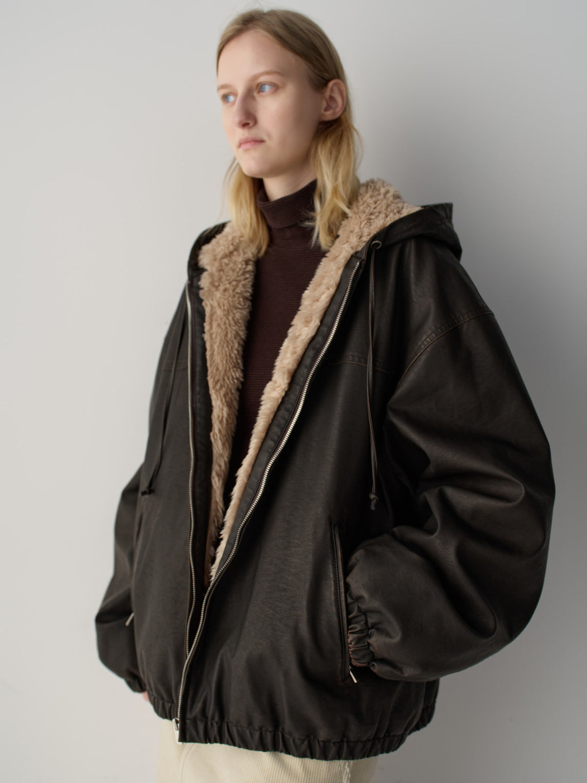 Leather Fur Zip Hoodie_dark brown