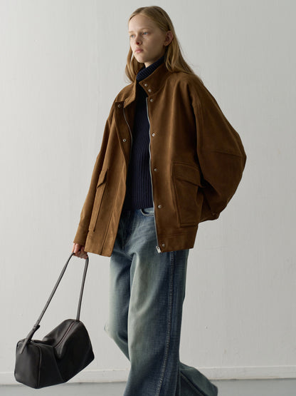 High-neck suede jacket_camel