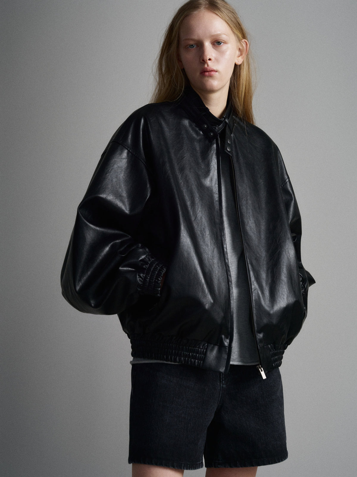 Stand Collar Leather Blouson_black