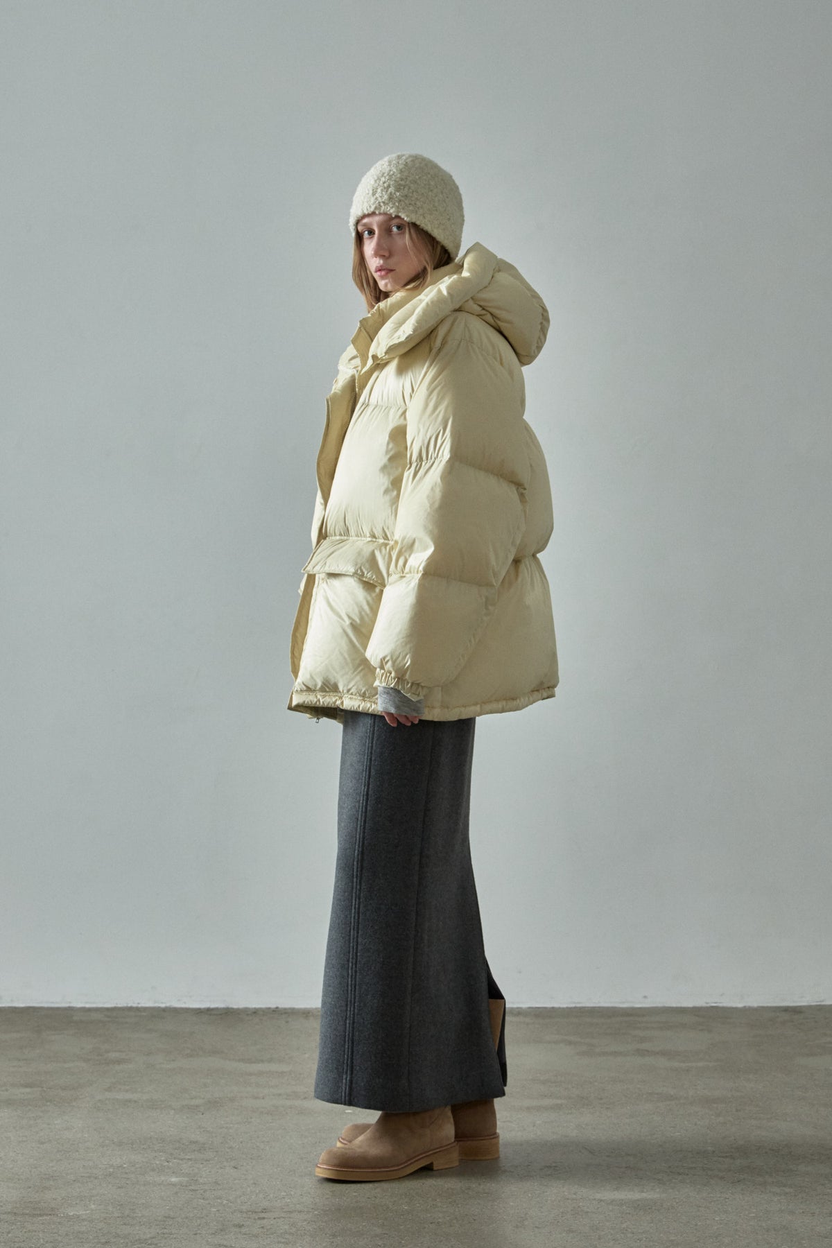 Goose Down Half Padded Coat_butter
