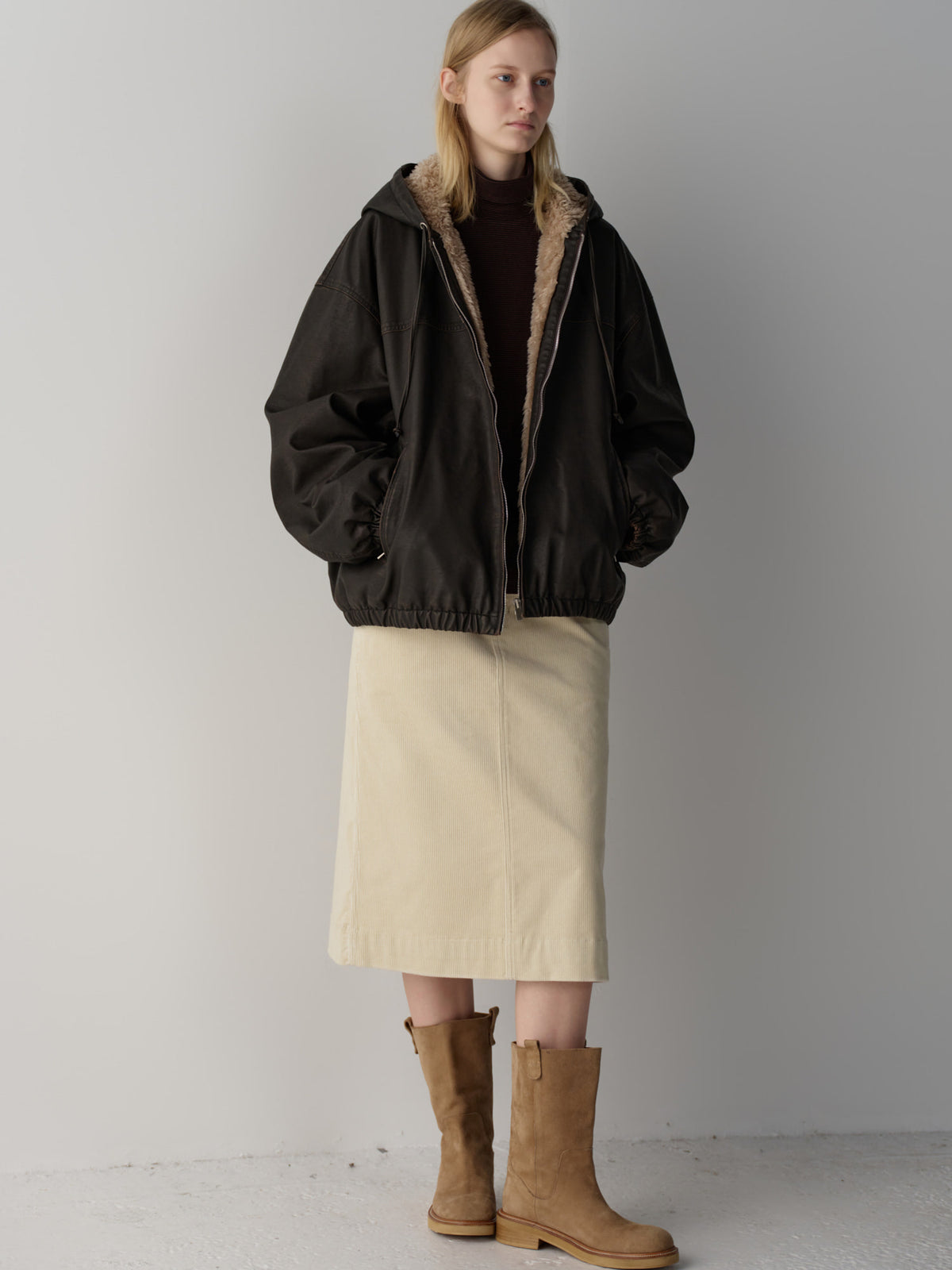 Leather Fur Zip Hoodie_dark brown