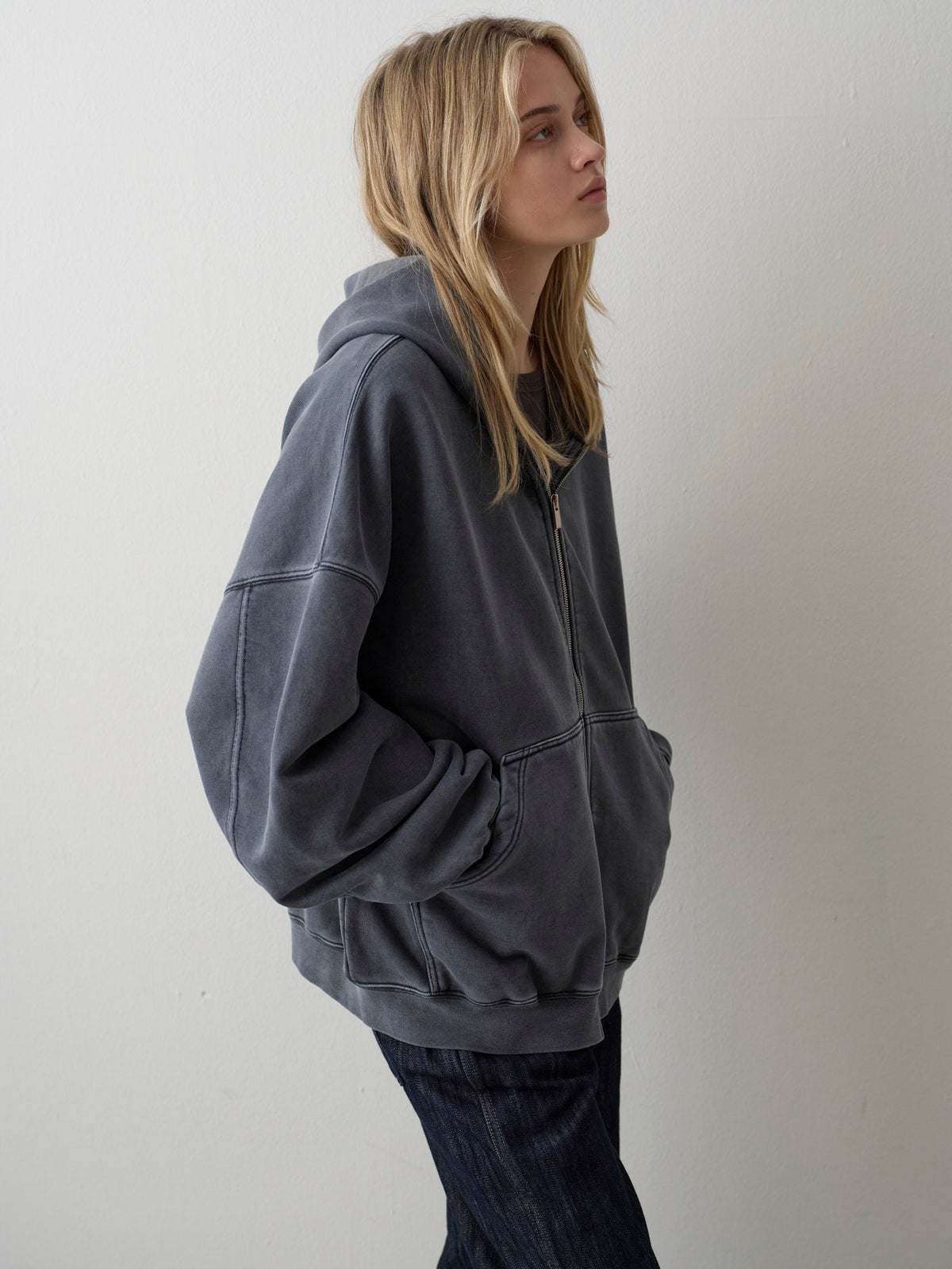 Oversized Fit Pigment Zip-Up Hoodie_blue grey