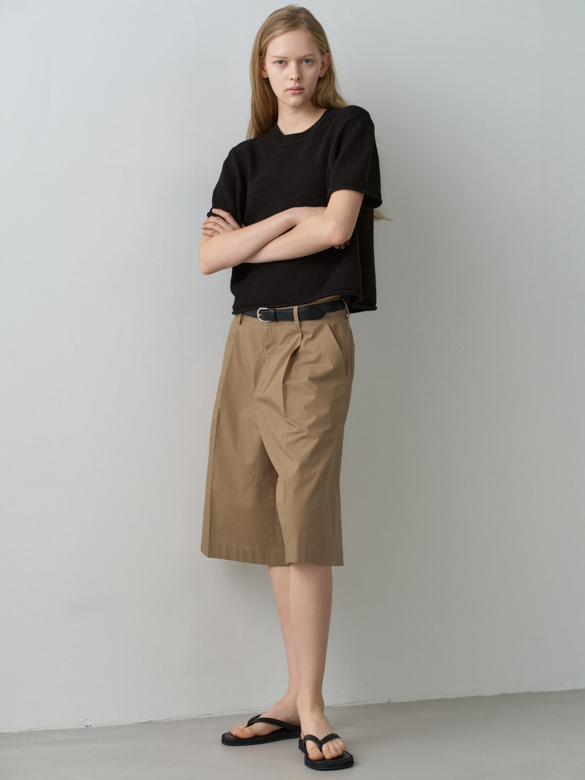 Vintage Cotton Wide Bermuda Pants_almond beige