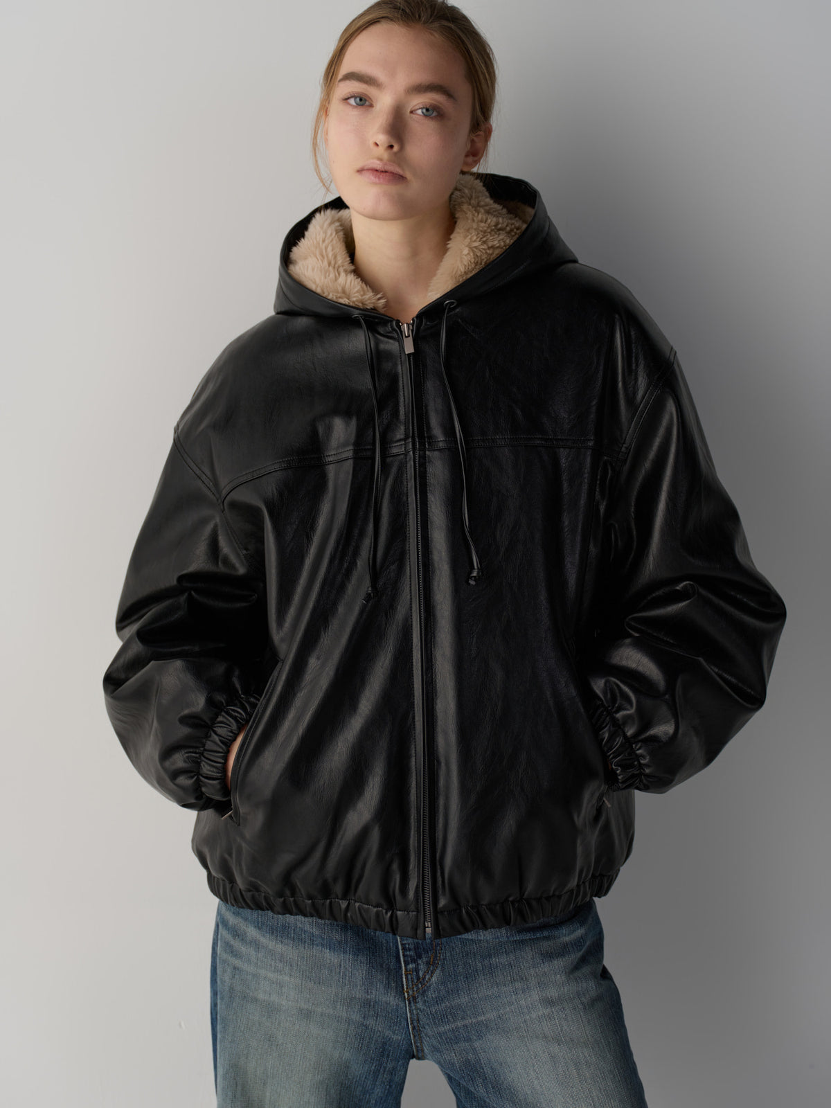 Leather Fur Zip Hoodie_black
