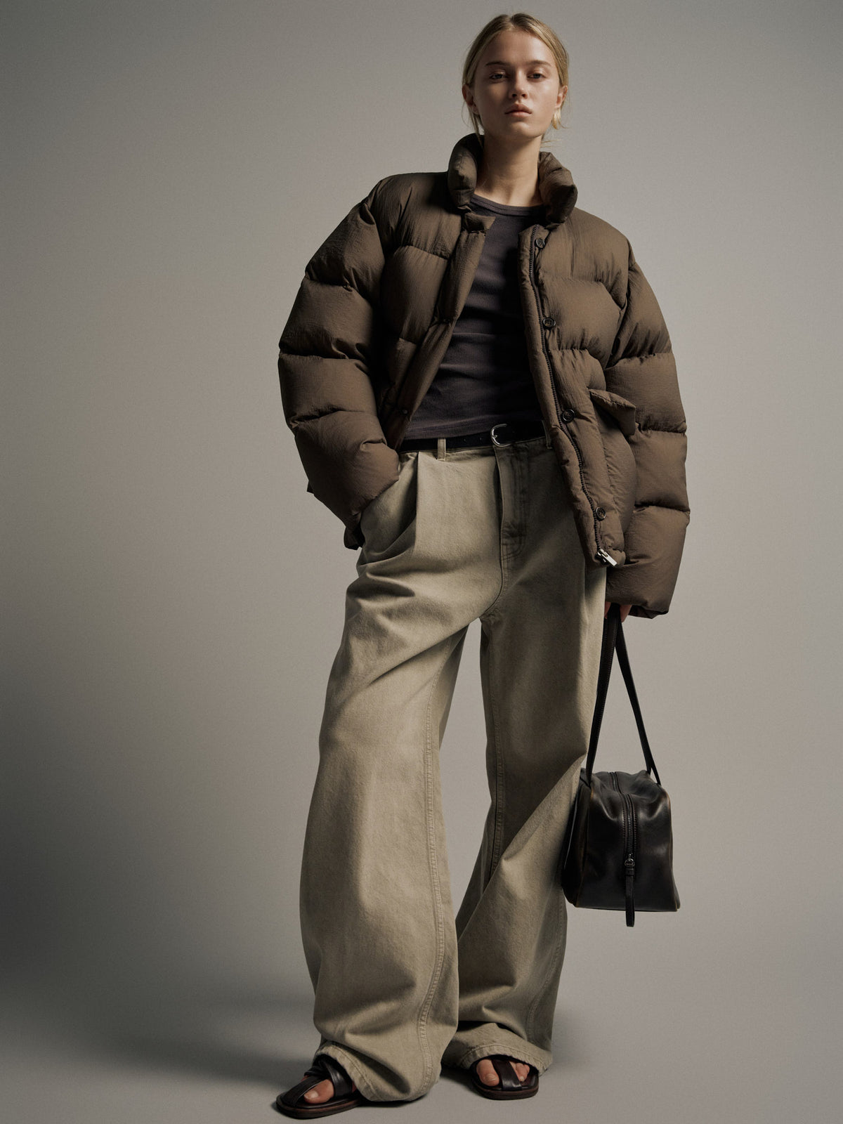 Goose down button puffer_brown