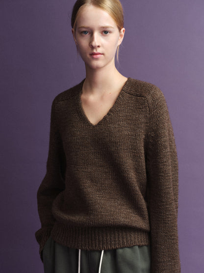Textured V-neck Knit_brown