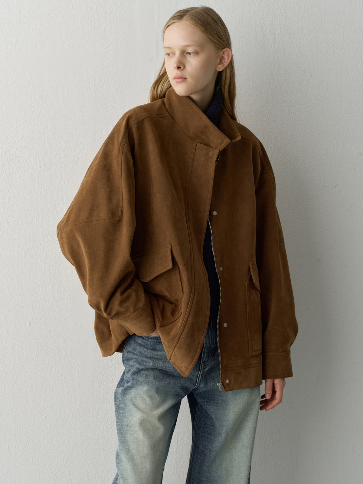 High-neck suede jacket_camel