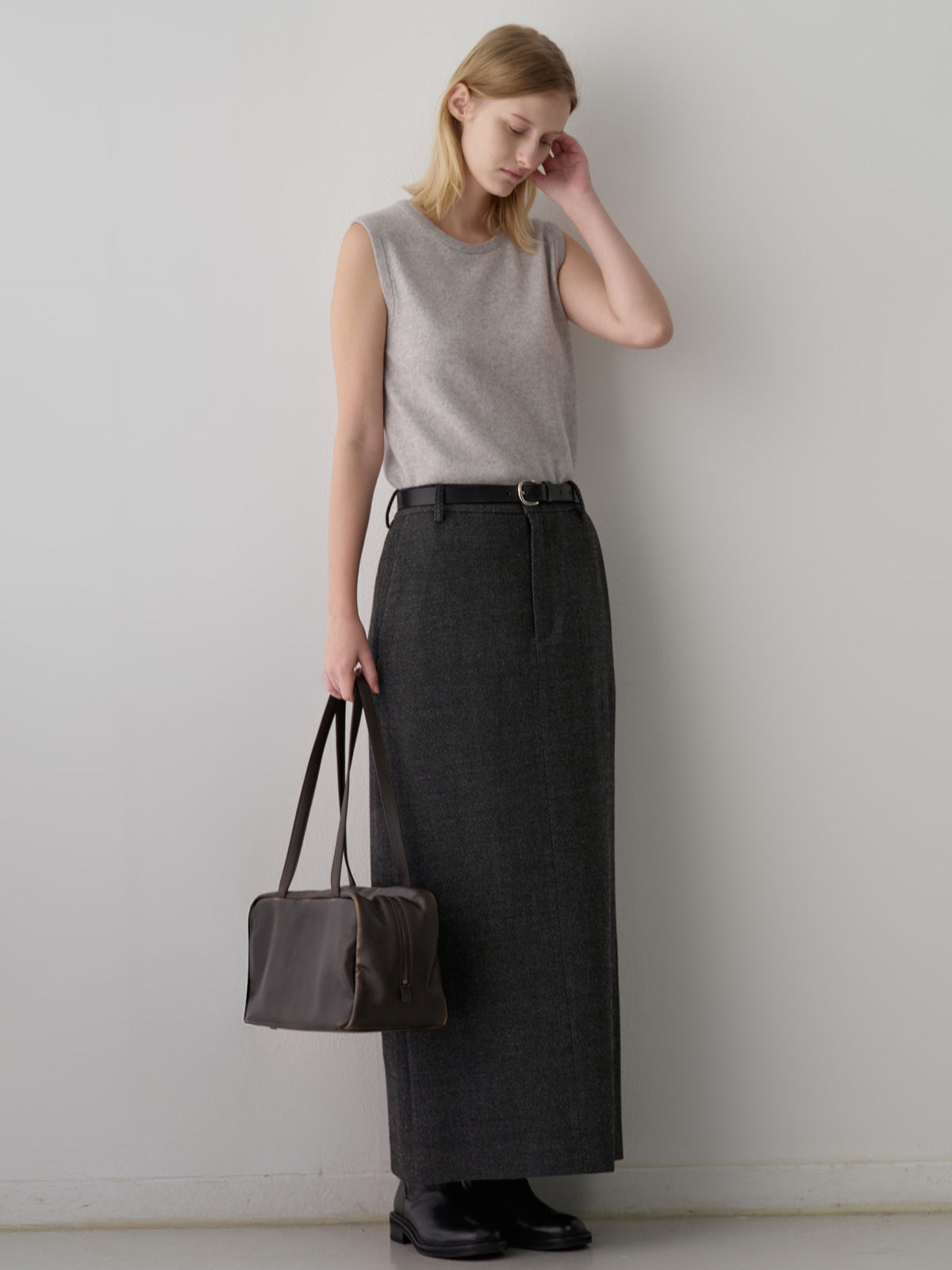 Wool Twill Maxi Skirt_Charcoal