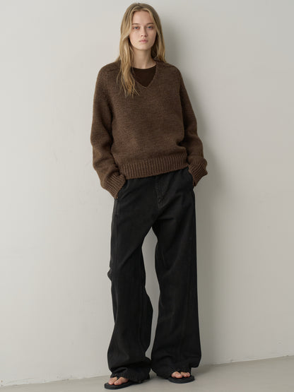 Textured V-neck Knit_brown