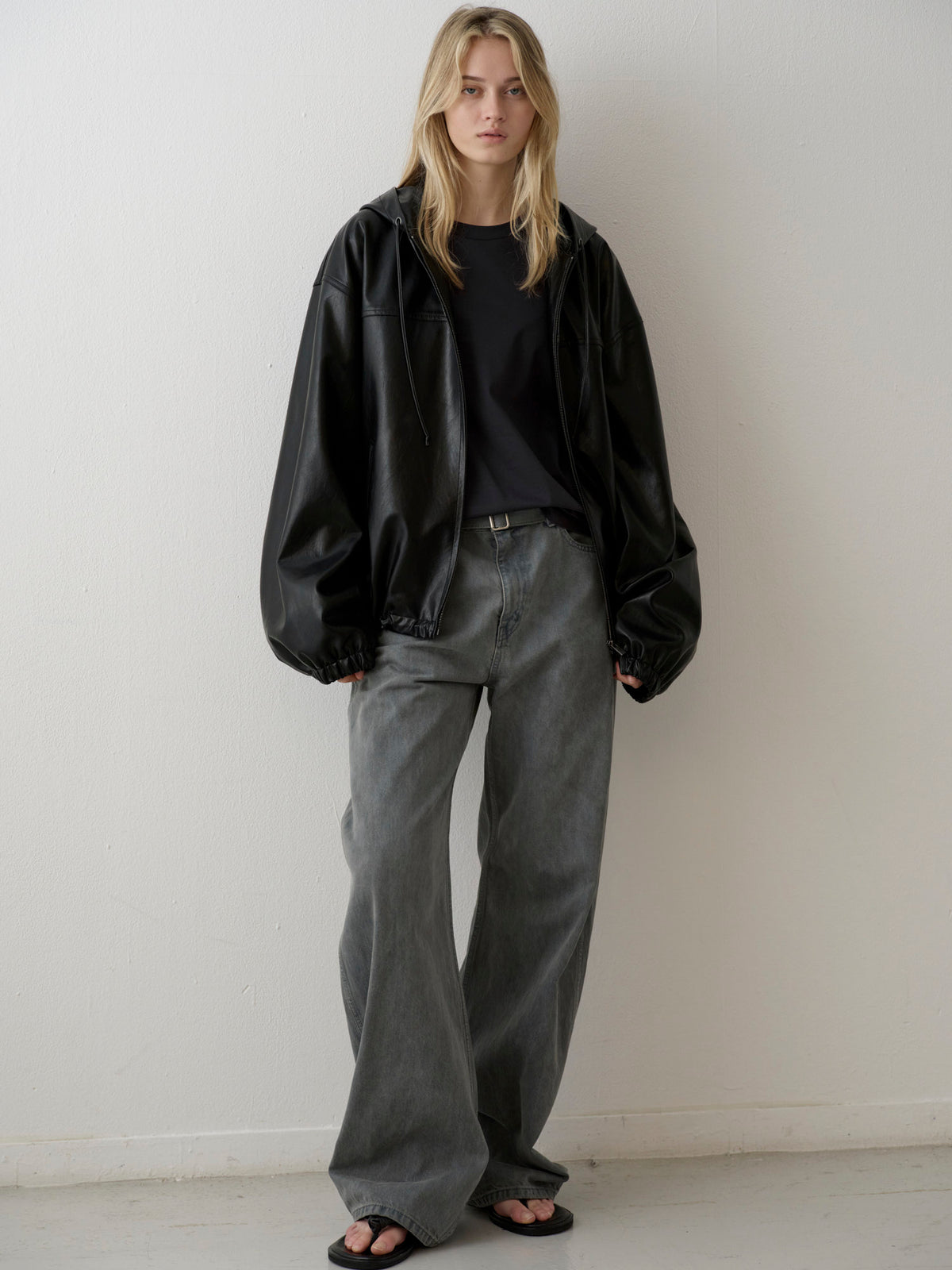 Leather Zip-Up Hoodie_black