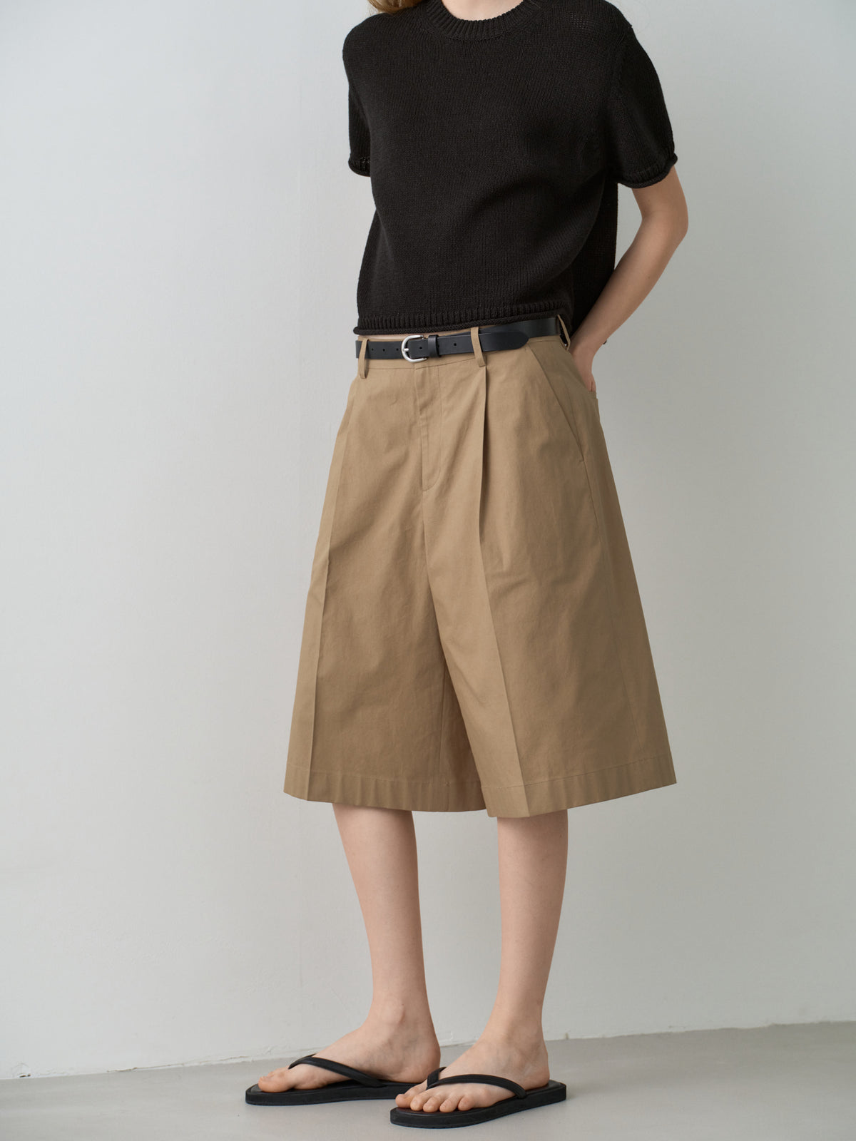 Vintage Cotton Wide Bermuda Pants_almond beige