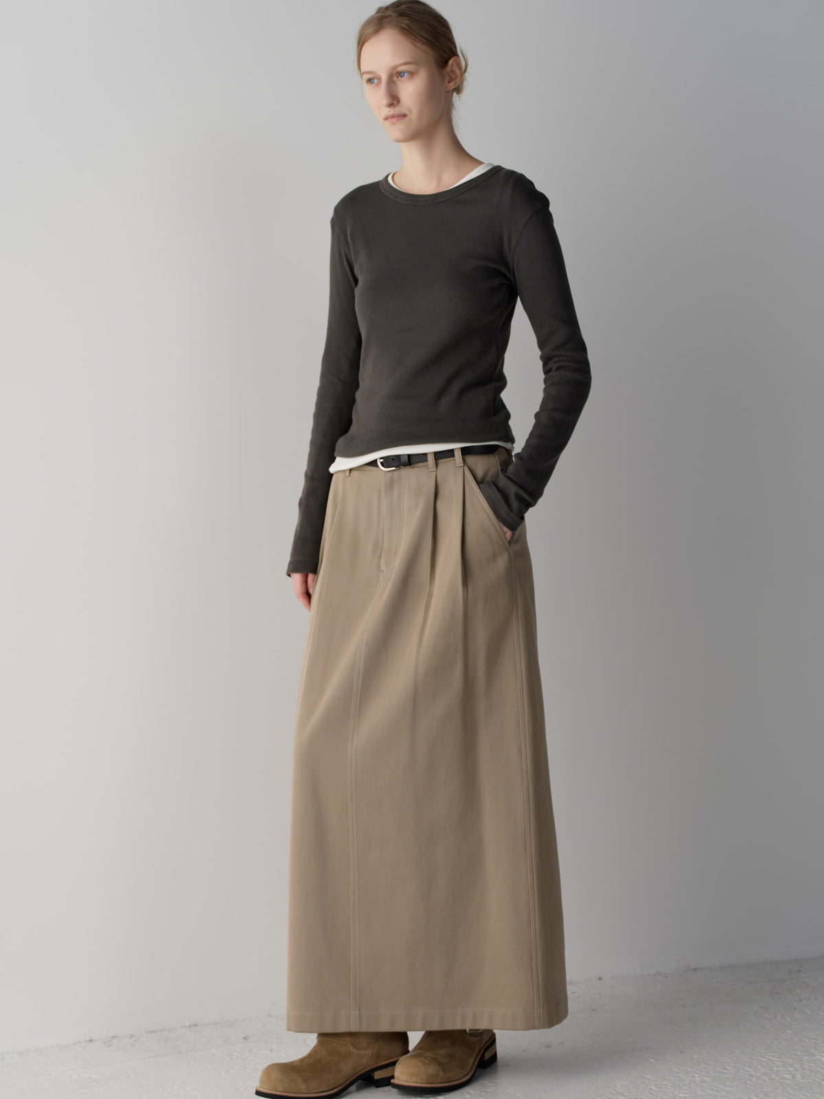 Classic Cotton Two-Tuck Skirt_olive beige