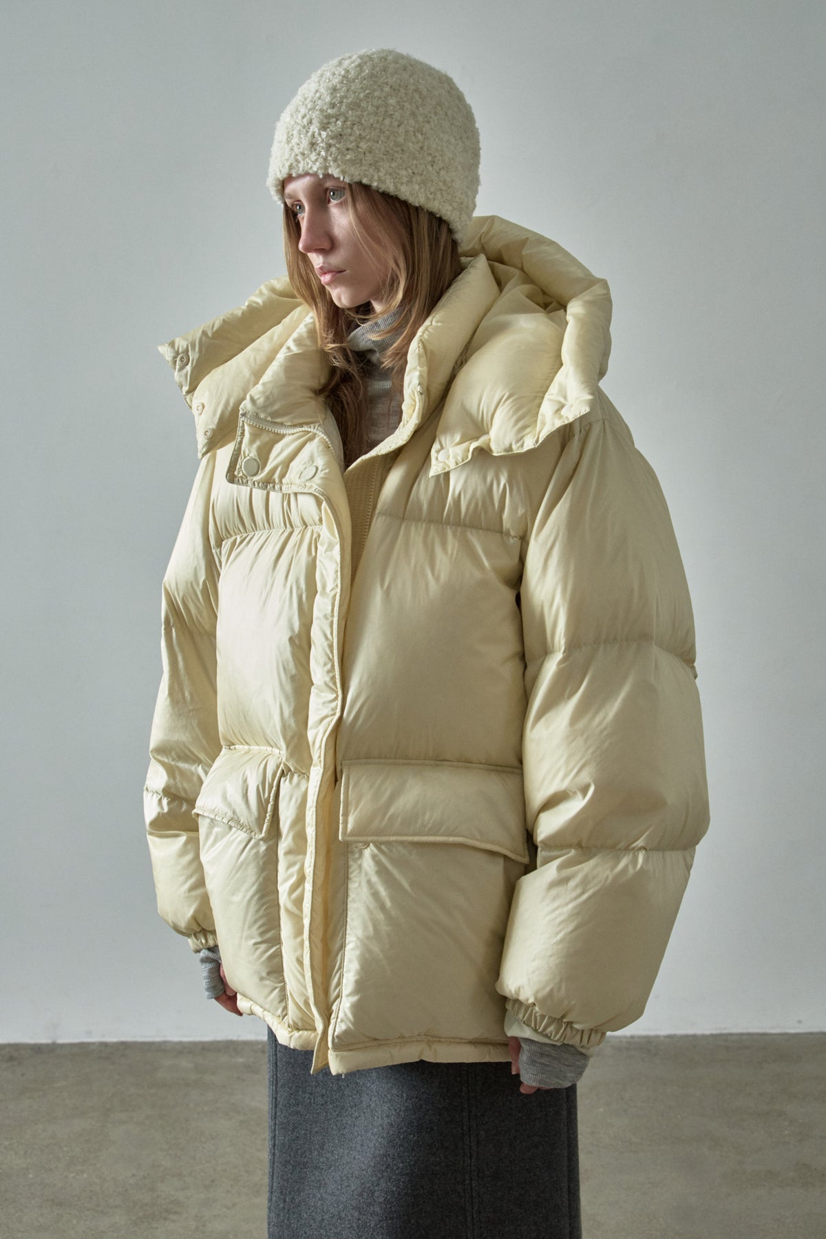 Goose Down Half Padded Coat_butter