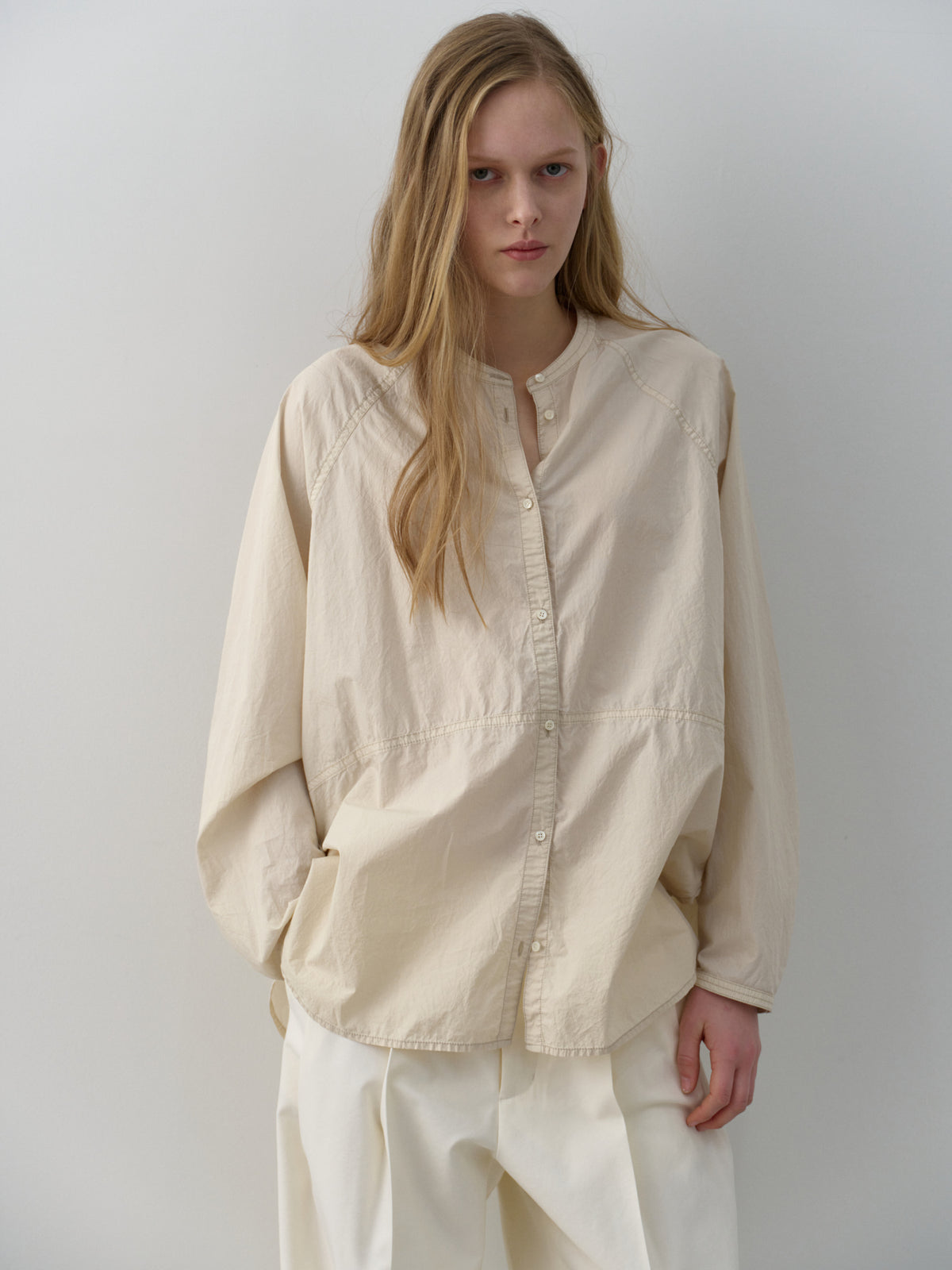 Cotton Band-Collar Blouse_beige