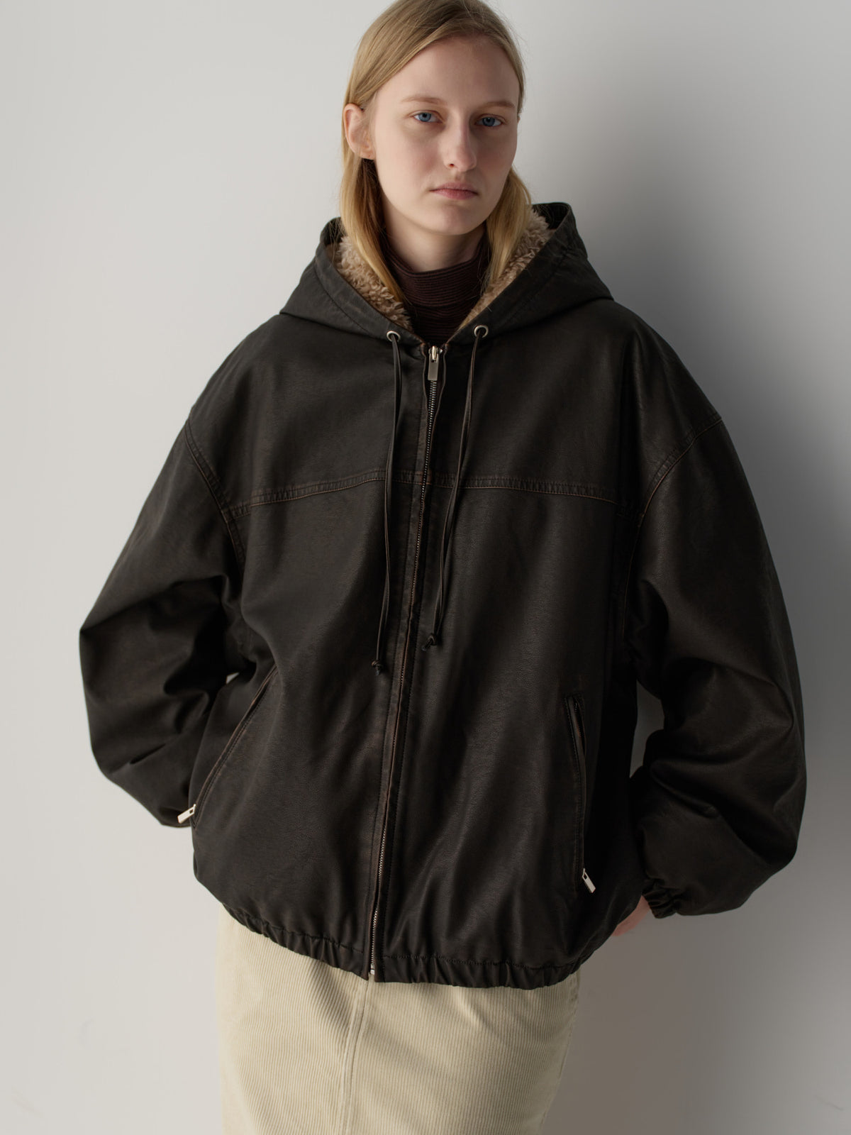 Leather Fur Zip Hoodie_dark brown