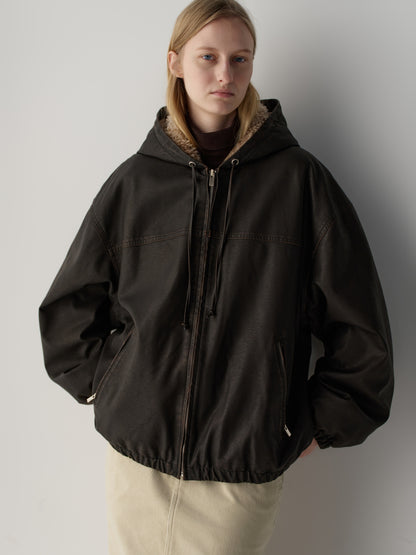 Leather Fur Zip Hoodie_dark brown