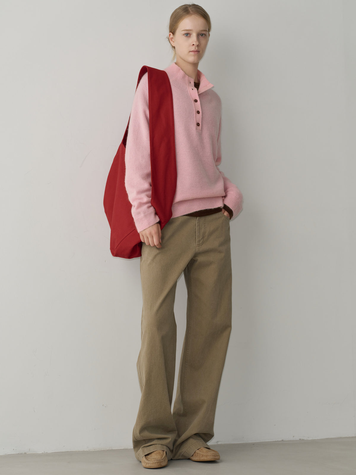 High-neck button knit_pink