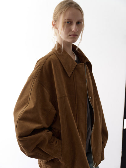 Oversized Fit Stitched Suede Blouson_camel