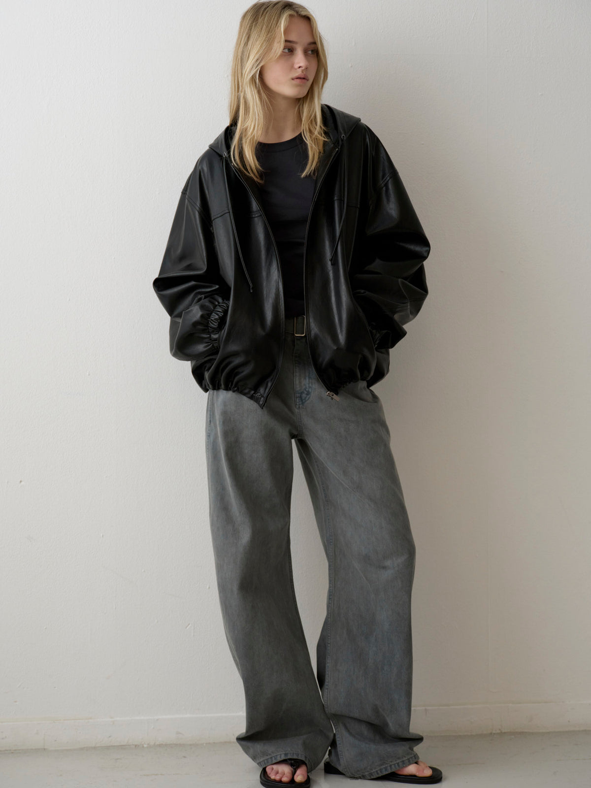 Leather Zip-Up Hoodie_black