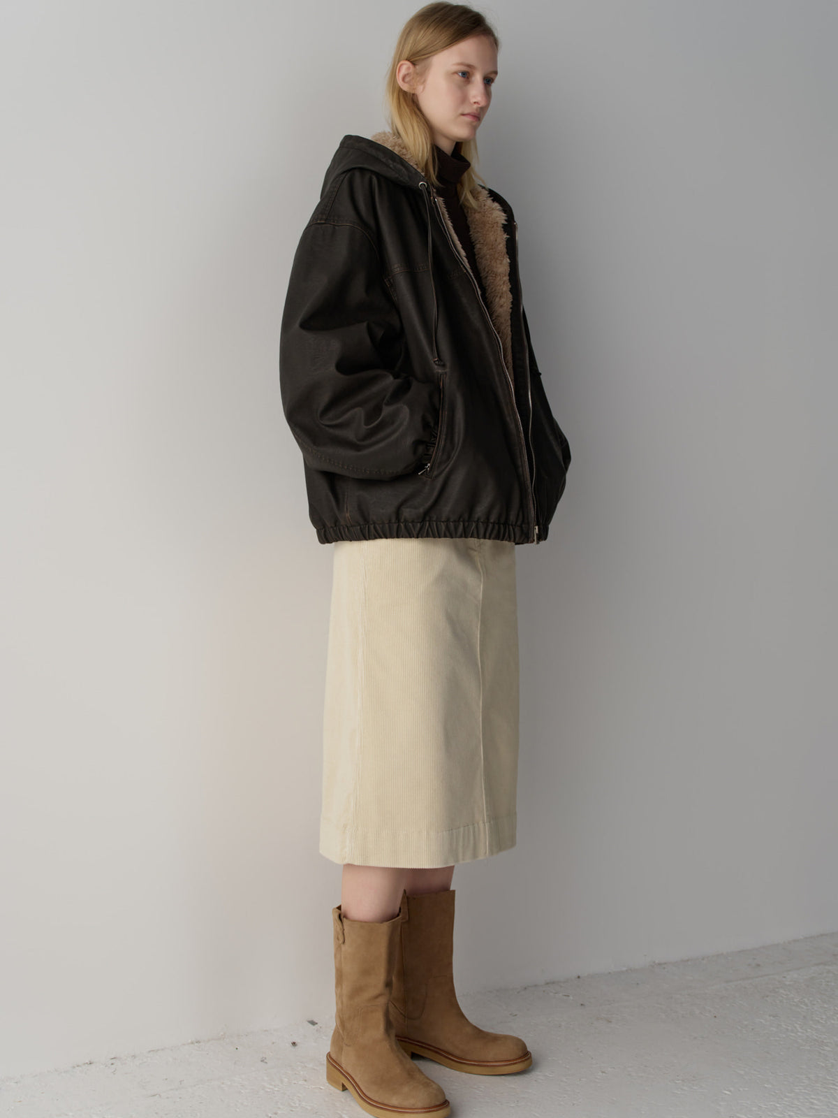 Leather Fur Zip Hoodie_dark brown