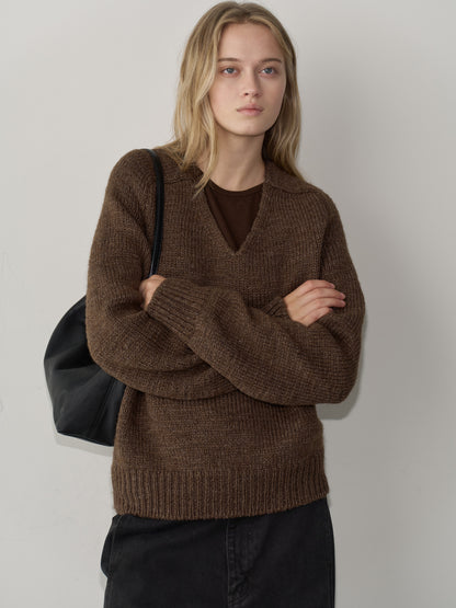 Textured V-neck Knit_brown