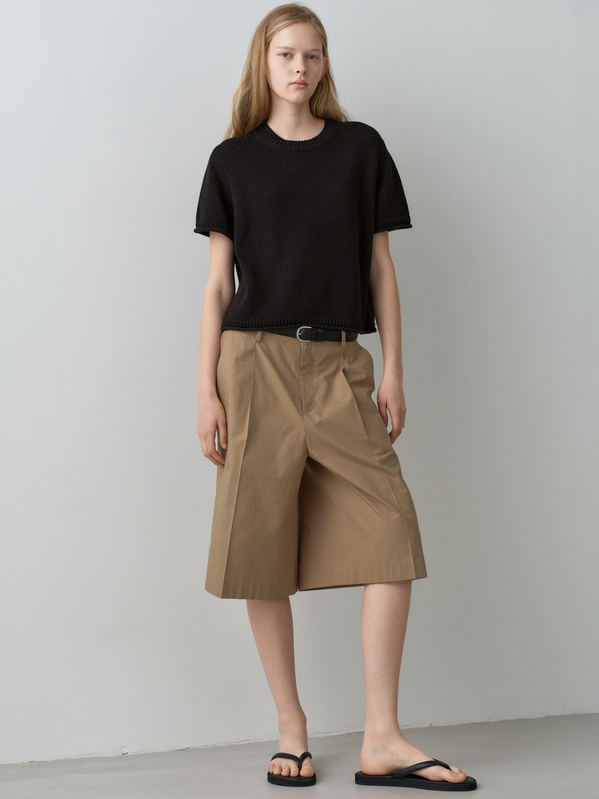 Vintage Cotton Wide Bermuda Pants_almond beige