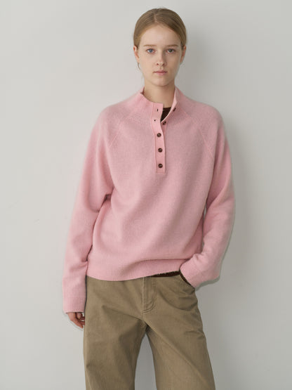 High-neck button knit_pink