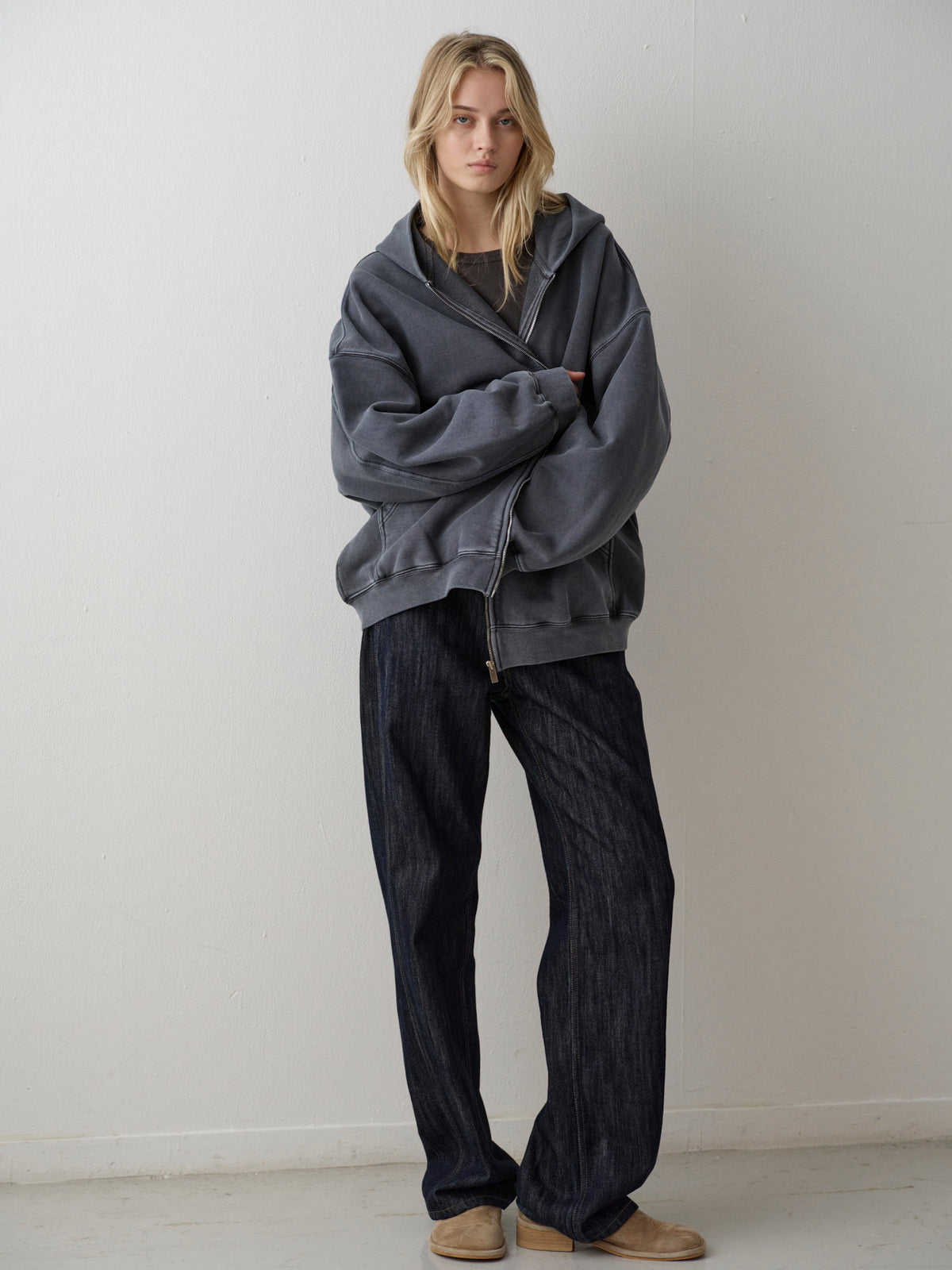 Oversized Fit Pigment Zip-Up Hoodie_blue grey
