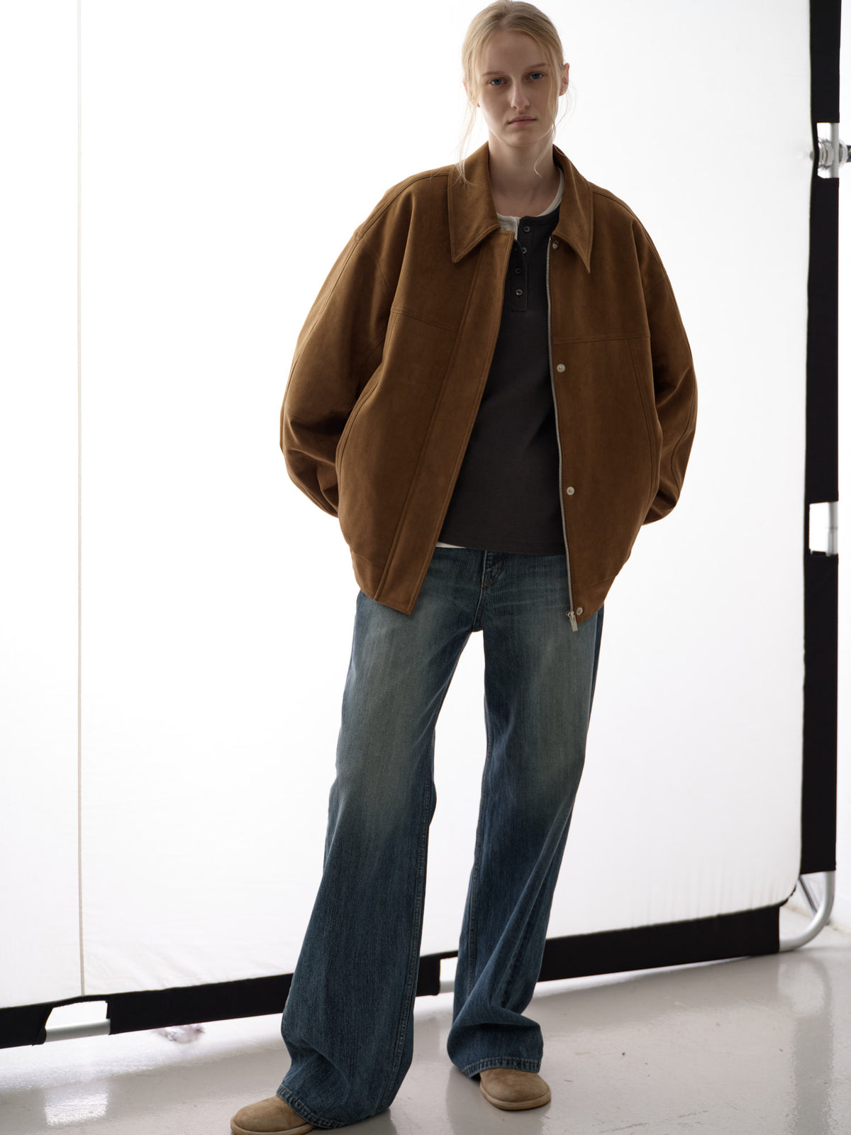 Oversized Fit Stitched Suede Blouson_camel