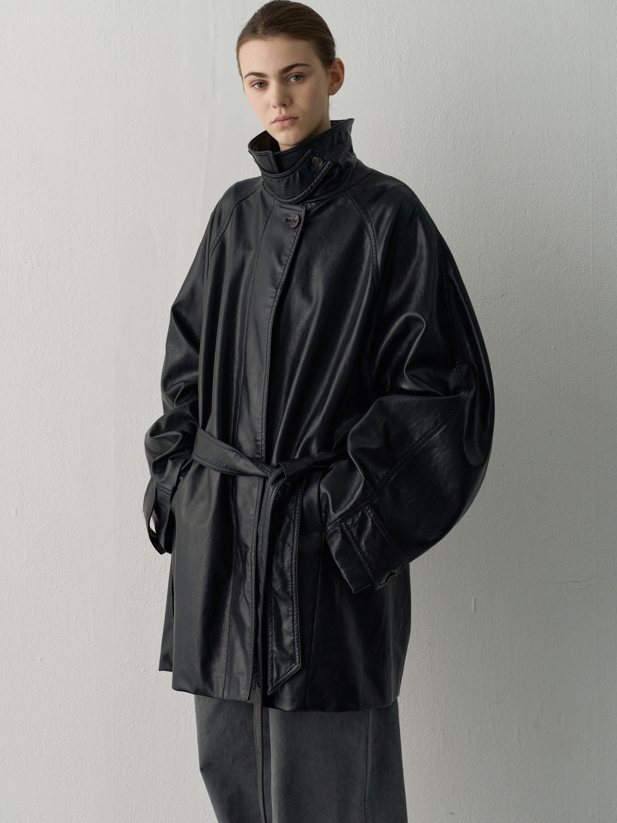 Leather Belted Half Coat_Black