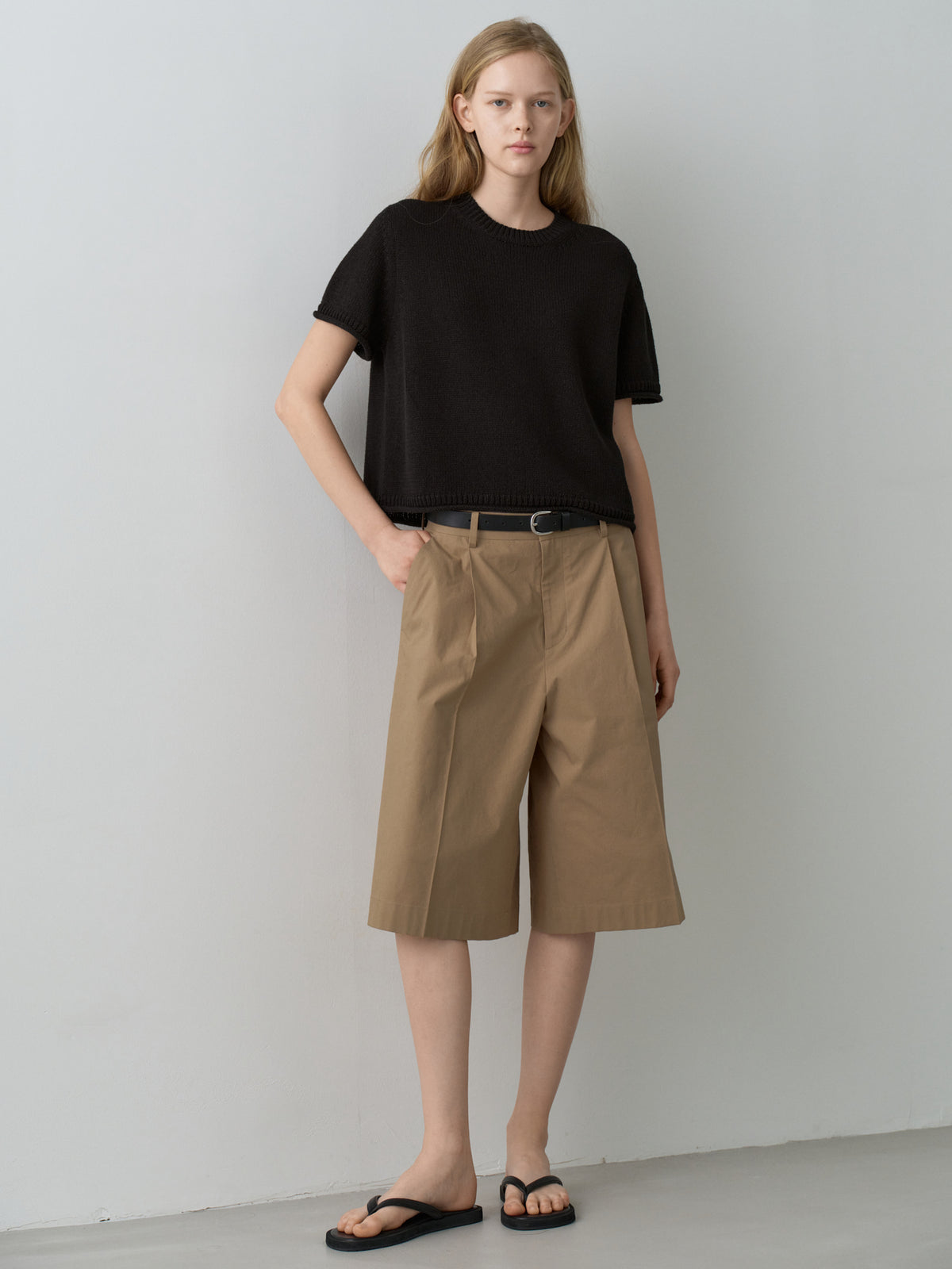 Vintage Cotton Wide Bermuda Pants_almond beige